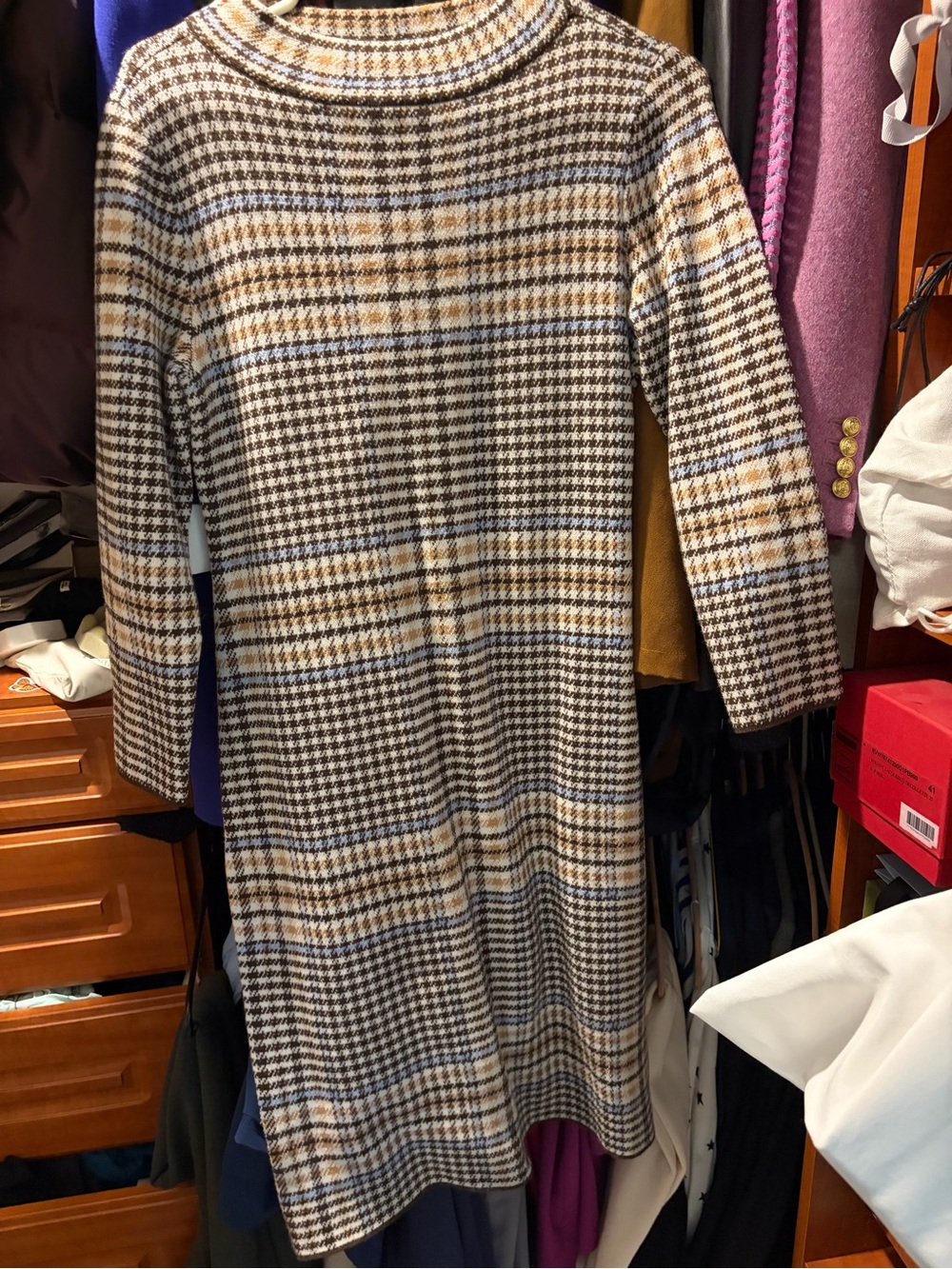 Ann Taylor Brown, Cream & Light Blue Knit Midi Dress